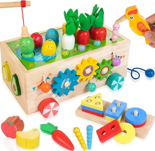 JUSTWOOD 8-in-1 Holz LKW Spielzeugset, Montessori Lernspielzeug Sortier- & Stapelspielzeug Formspiel Angelspiel Specht Fang Würmer Labyrinth Zahnräder Perlen, Geschenk für Kinder im Alter von 1 2 3 4 von JUSTWOOD