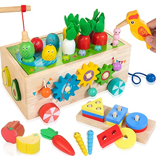 JUSTWOOD 8-in-1 Holz LKW Spielzeugset, Montessori Lernspielzeug Sortier- & Stapelspielzeug Formspiel Angelspiel Specht Fang Würmer Labyrinth Zahnräder Perlen, Geschenk für Kinder im Alter von 1 2 3 4 von JUSTWOOD