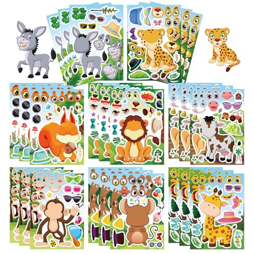 JUUFLA 24 Stück Tier-Stickerbögen Aufkleber – Safari & Fantasie Gesichter zum Kombinieren für Kinder, Ideal als Mitgebsel, Geburtstagsgeschenk oder Bastelspaß (Löwe, AFFE) von JUUFLA