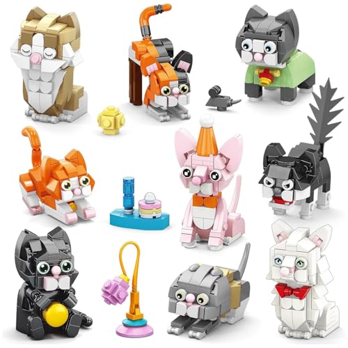 9 Set Katzen Bausteine Bausatz, Kätzchen Klemmbausteine, Katzen Bausteine für Kinder, Halloween Weihnachten Ostern Geschenk für Jungen und Mädchen, 1069 Teile von JVAVNE