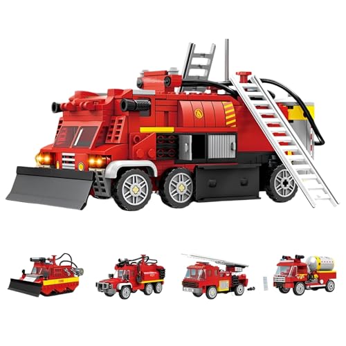City Feuerwehrauto Bausteine, 4 in 1 Technik Wasserspray Feuerwehrauto Klemmbausteine Bausatz, STEM Feuerwehr Modell Spielzeug, Geschenk für Jungen und Erwachsene, 695 Teile von JVAVNE