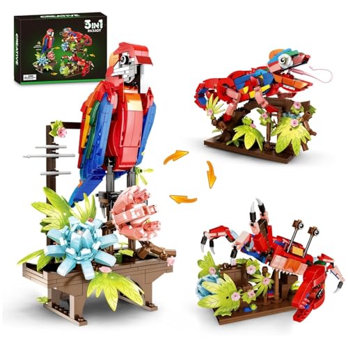 JVAVNE 3 in 1 Tiere Bausteine, 538 Teile Papagei Chamäleon Krabbe Klemmbausteine, Kreatives Blumen Botanik Tier Bausteine Modell Bausatz, Geschenke für Erwachsene und Kinder von JVAVNE