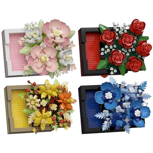 JVAVNE 4 Set Blumenstrauß Bausteine, Mini Blumenstrauß Klemmbausteine Modell Spielzeug, Kunstblumen Pflanzen Bausatz Haus Büro Deko, Geschenk für Frauen Mädchen, 2193 Teile von JVAVNE