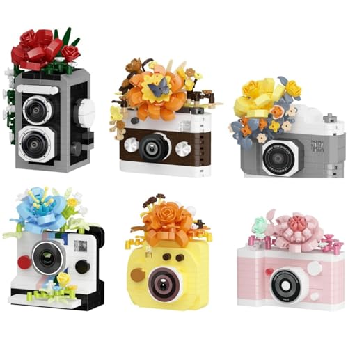 JVAVNE 6 Set Retro Blumen Kamera Bausteine Bausatz, 1652 Teile Mini Vintage Kameras Klemmbausteine, Mikro Blumen Kamera Modell Spielzeug, Geschenk für Fotografie Fans von JVAVNE