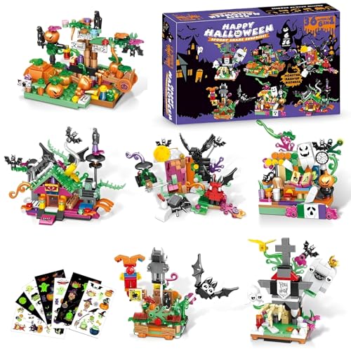 JVAVNE 6 in 1 Halloween Bausteine, 1061 Teile Halloween Klemmbausteine, Süßes-oder-Saures Bausteine Spielzeug für Kinder, Kreative Halloweens Party Bausatz Modell, Geschenke für Erwachsene und Kinder von JVAVNE