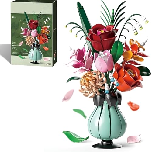JVAVNE Blumenstrauß Bausteine, 566 Teile 6 Künstliche Blumen Bausteine Bausatz mit Vase, Botanical Kollektion Bauklötze Pflanzen Home Deko, Geschenk für Frauen Mädchen (13069) von JVAVNE