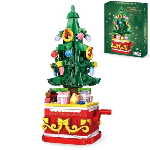 JVAVNE Drehbarer Weihnachtsbaum Bausteine, Weihnachts Klemmbausteine, Weihnachts Architektur Bausatz Modell Spielzeug, Geschenke für Kinder und Erwachsene, 366 Teile von JVAVNE