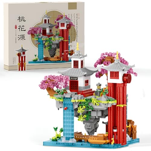 JVAVNE Mini Sakura Baumhaus Bauklötze Bausteine, 1569 Teile Chinesische Pfirsichblüten Architektur Klemmbausteine, Mikro Japanisches Sakura Baumhaus Bausatz, Geschenk für Mädchen von JVAVNE