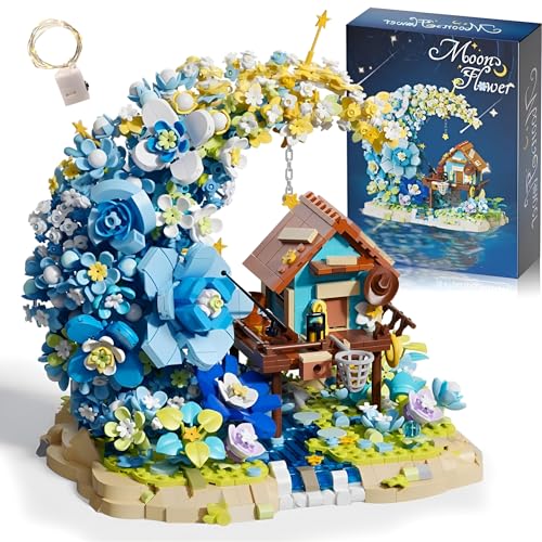 JVAVNE Mondblumen Bausteine, 1622 Teile Mini Feenhütte und Blauer Blumenstrauß Klemmbausteine mit Lichtern, Mikro Blumen Botanische Architektur Buasatz Modell, Geschenk für Erwachsene und Kinder von JVAVNE