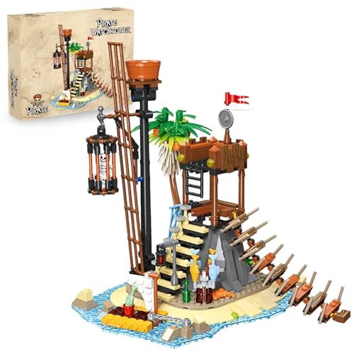 JVAVNE Piraten Wachturm Piraten Bausteine, 482 Teile Piratenschiff Abenteuer Klemmbausteine Spielset, Mittelalterliches Piratenhaus Architektur Bausatz Modell, Geschenk für Kinder und Erwachsene von JVAVNE