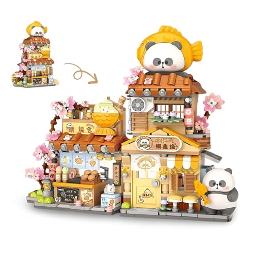 JVAVNE Street View Mini City Taiyaki Shop Bausteine, 858 Teile Niedliche Panda Tiere Klemmbausteine, Kreatives Architektur Bausatz Modell Spielzeug, Geschenk für Erwachsene und Kinder von JVAVNE