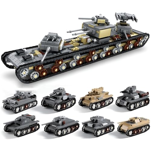 JVAVNE Technik Armee Panzer Bausteine, 8 in 1 KV-VI Panzer Klemmbausteine, WW2 Militär Gepanzertes Fahrzeug Bausatz Modell Spielzeug, Geschenke für Erwachsene und Militärfans, 1165 Teile von JVAVNE