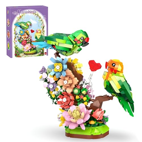 Liebesvogel Blumen Bausteine Bausatz, 1050 Teile Blumenstrauß Papagei Dekor Modell Bausatz mit LED, Kreatives Tier Vogel Klemmbuasteine Spielzeug, Geschenkidee für Mädchen und Jungen von JVAVNE