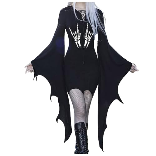 Fledermausärmel Damen Gothic Kleid Schwarz Figurbetontes Hexenkostüm Halloween Kostüm Frauen Mittelalter Kleidung Cosplay Mittelalterliches Ballkleid Vintage Verbandkleid Renaissance Kostüme von JVHYANFUL