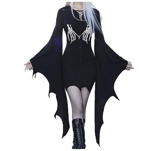 Fledermausärmel Damen Gothic Kleid Schwarz Figurbetontes Hexenkostüm Halloween Kostüm Frauen Mittelalter Kleidung Cosplay Mittelalterliches Ballkleid Vintage Verbandkleid Renaissance Kostüme von JVHYANFUL