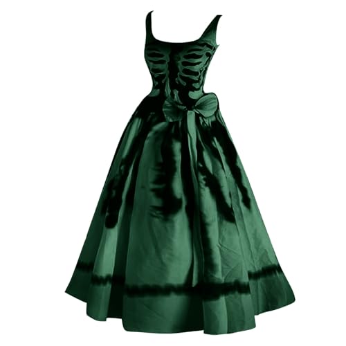 JVHYANFUL Halloween Damen Kleid Große Größen Swing Langarm Hexe Kürbis Fledermaus Kostüme Quadratischer Kragen Die Krawatte Design an der Taille Partykleid Kostümund Gothic Vintage Kleidung von JVHYANFUL