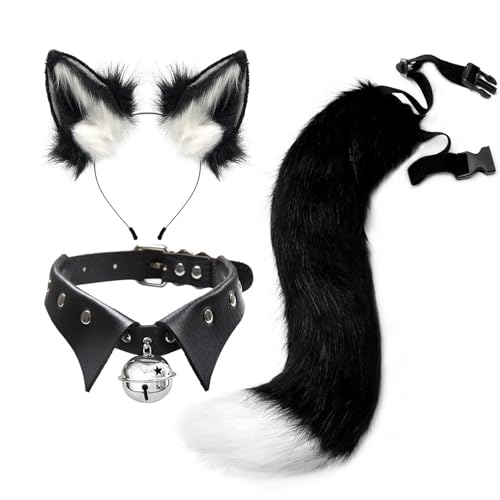 Kunstpelz Fuchs Maske Wolf Katze flauschiger Schwanz und Leder Halskette Set Halloween Party Cosplay Kostüm Accessoire Fuchsschwanz Plüsch Flauschige Pfotenhandschuhe Weihnachten für Mädchen Frauen von JVHYANFUL