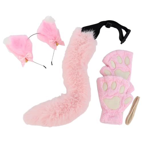 Kunstpelz Fuchs Maske Wolf Katze flauschiger Schwanz und Leder Halskette Set Halloween Party Cosplay Kostüm Accessoire Fuchsschwanz Plüsch Flauschige Pfotenhandschuhe Weihnachten für Mädchen Frauen von JVHYANFUL