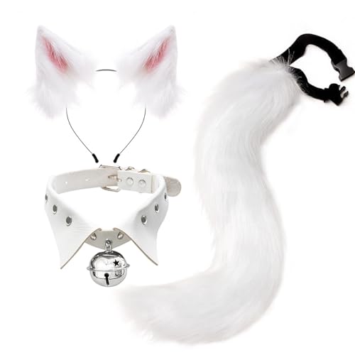 Kunstpelz Fuchs Maske Wolf Katze flauschiger Schwanz und Leder Halskette Set Halloween Party Cosplay Kostüm Accessoire Fuchsschwanz Plüsch Flauschige Pfotenhandschuhe Weihnachten für Mädchen Frauen von JVHYANFUL