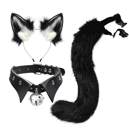 Kunstpelz Fuchs Maske Wolf Katze flauschiger Schwanz und Leder Halskette Set Halloween Party Cosplay Kostüm Accessoire Fuchsschwanz Plüsch Flauschige Pfotenhandschuhe Weihnachten für Mädchen Frauen von JVHYANFUL