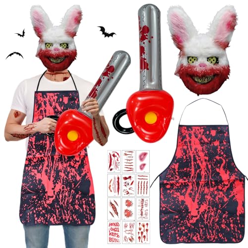 JWDMHSJ Horror Hase Kostüm, 4-Teiliges Halloween Kaninchen Set Mit Kunstblut, Beil, Schürze & Tattoos (B) von JWDMHSJ
