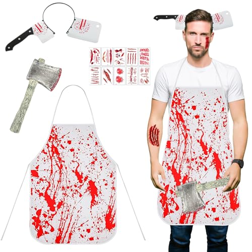 JWDMHSJ Halloween Schlachter, Halloween Kostüm Metzger, Schürze für Damen Herren, mit Halloween Narben Tattoos, Erwachsene Halloween Zombie Fasching Karneval Dekoration von JWDMHSJ