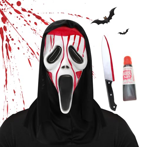 JWDMHSJ Scream Maske, Ghostface Maske, Halloween Schrei Maske, Halloween Ghostface Kostüm Set mit Blutigem Kunststoffmesser Halloween Ghostface Mask, Party Gruselmaske Cosplay Requisiten von JWDMHSJ