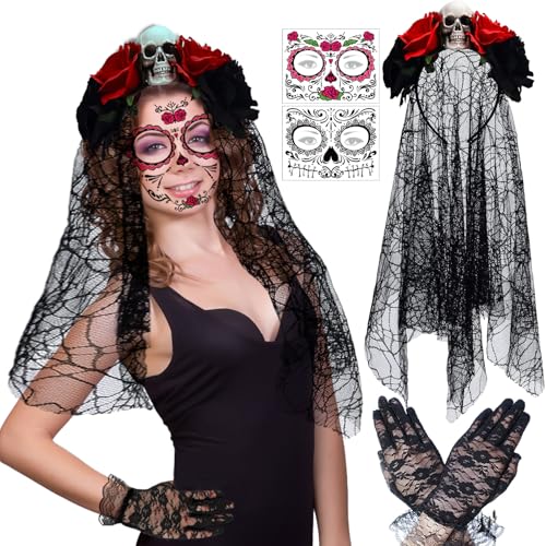 JWDMHSJ Halloween Tag der Toten Haarreif und Schleier, Tag der Toten Haarschmuck Halloween Haarreif Künstliche Blumen Rose Spitzenhandschuhe für Halloween Kostüm Damen (A) von JWDMHSJ