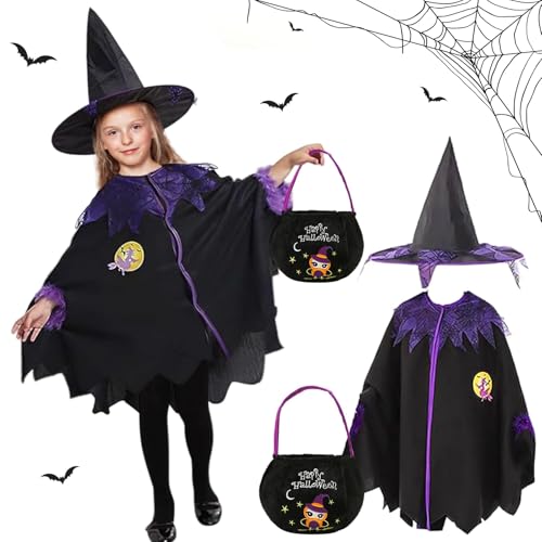 JWDMHSJ Hexenkostüm Mädchen, Halloween Umhang Kinder Mit Hut Und Tüten, Hexenumhang Kinder, Kostüm Für Fasching Karneval Cosplay Party von JWDMHSJ