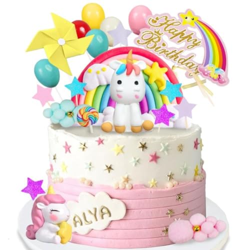 24Stück Einhorn Tortendeko, Regenbogen Tortendeko, Macaron Kuchen Deko, Happy Birthday Torten Topper,Happy Birthday, Wolke, Windrädchen, Lollipop, Ballon für Kinder Mädchen Junge von JWKLYZH