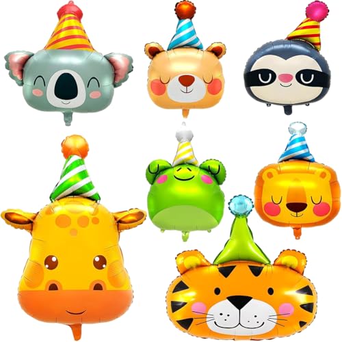 7 Stück Folienballon Waldtiere, Giraffe Frosch Löwe Tiger Luftballon, Tierkopf Riesenballon, Helium Ballons Tiere, Waldtiere Ballon für Kinder Geburtstag Party Deko Geschenk von JWKLYZH