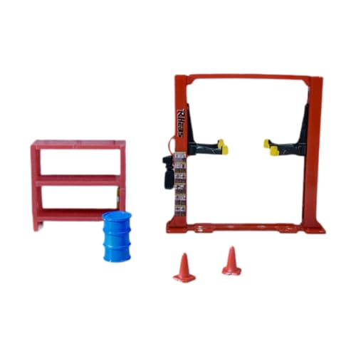 JWQFBC Miniatur Garagenzubehör 5 Teiliges Set Werkstattmöbel Autohebebühne Zubehör für Diorama Szene für Modellautos Werkstattszene, Roter Aufzug von JWQFBC