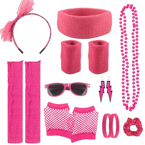 10PCS 80er 90er Jahre Outfit Damen, Mit Fliege Haarreif,Haarbänder,Stirnband,Blitz Ohrringe,Netzhandschuhe,Halskette,Armband,Handgelenkbänder,Beinstulpen,Brille, Für 80er 90er Jahre Neon Kostüm Partys von JWTRSVTY