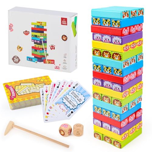 54 Pädagogisches Kinderspiel Holz mit 54 Spielkarte, Wackelturm Kinder, Stapelturm Holz Montessori, Holz Geschicklichkeitsspiel Kinder, Holzspielzeug Wackelturm, für Jungen Mädchen Puzzle Spiele von JWTRSVTY
