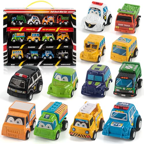 JWTRSVTY 12 Stück Mini Auto Spielzeug, Cars Spielzeugauto Set, Cars Cartoon Fahrzeug, Zurückziehen Stadtautos und Lastwagen Spielzeugfahrzeug Set, für Kleinkinder, Mädchen und Jungen Car Geschenk von JWTRSVTY