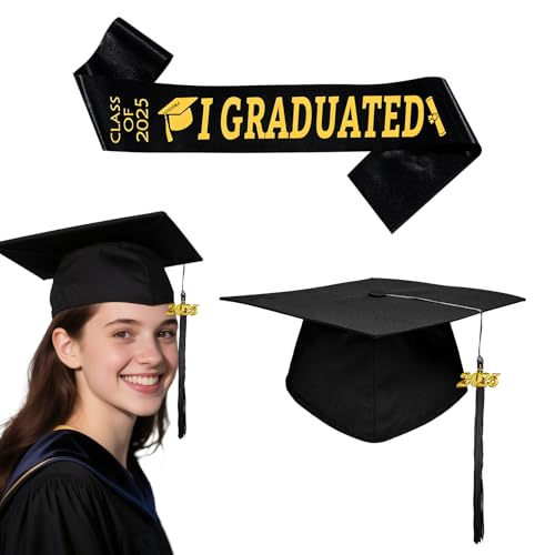 JWTRSVTY 2025 Abschluss Hut Bachelor Master, Bachelor hut mit Abschluss Schärpe, Graduation 2025 Deko Set, Schwarz Gold Abschluss Hut & Schärpe, für Abschluss Party, Feiern, Abschluss Geschenk von JWTRSVTY
