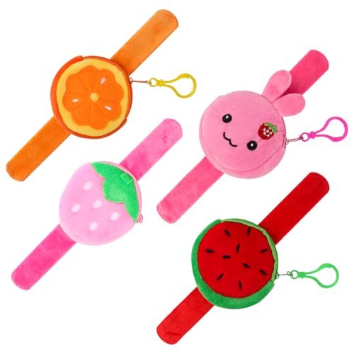 JWTRSVTY 4PCS Plüsch Armband mit Geldbörse, Plüsch Obst Slap Armband, Süßes Plüsch Schnapparmband, Cartoon Plüsch Bracelets Slap Spielzeug, mit Erdbeerhanchen,Orange, Watermelon,Erdbeeren (Obst Serie) von JWTRSVTY