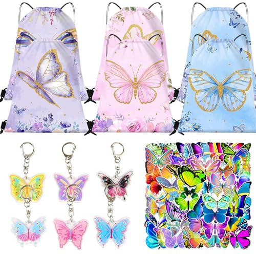 JWTRSVTY 62PCS Schmetterling Party Mitgebsel Mädchen, Schmetterling Kinder Party Geschenk,Schmetterling Thema Partygeschenk,mit 6 Schmetterling Party Kordelzug Taschen 6 Schlüsselanhänger 50 Aufkleber von JWTRSVTY