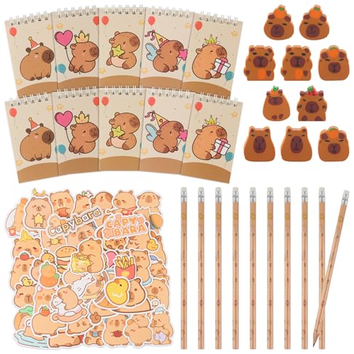 JWTRSVTY 80PCS Capybara Kindergeburtstag Party Mitgebsel, Capybara Theme Party Geschenke, Capybara Cartoon Geburtstag Geschenk Set, Bleistifte Radiergummis Spiralbuch Stickers,für Kinder Party Zubehör von JWTRSVTY