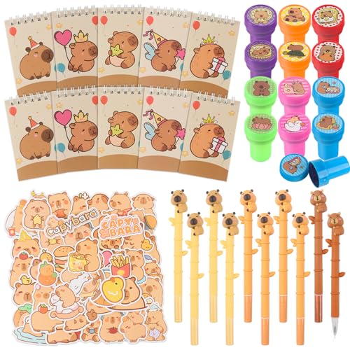 JWTRSVTY 82PCS Capybara Kindergeburtstag Party Mitgebsel, Capybara Theme Party Geschenke, Capybara Cartoon Geburtstag Geschenk Set,Neutralstift Briefmarken Spiralbuch Stickers,für Kinder Party Zubehör von JWTRSVTY