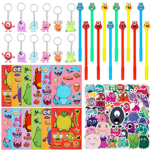 JWTRSVTY 86PCS Monster Theme Party Geschenke, Monster Party Mitgebsel Kindergeburtstag Gastgeschenke,mit DIY Monster Stickers Schlüsselanhänger Kugelschreiber Aufkleber,für Jungen Mädchen GastGeschenk von JWTRSVTY