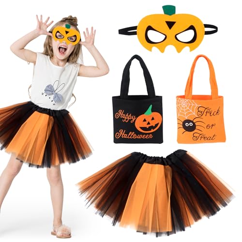 JWTRSVTY Halloween Cosplay Kürbis Kostüm, Halloween Kostüm Kürbis Tütü, 4 PCS Mädchen Kürbis Kostüm mit Tüllrock Kürbis Filzmaske 2 Bonbontüte, Rocklänge 30CM für Halloween Karneval Party Verkleiden JWTRSVTY Halloween Cosplay Kürbis Kostüm, Halloween Kostüm Kürbis Tütü, 4 PCS Mädchen Kürbis Kostüm mit Tüllrock Kürbis Filzmaske 2 Bonbontüte, Rocklänge 30CM für Halloween Karneval Party Verkleiden von JWTRSVTY