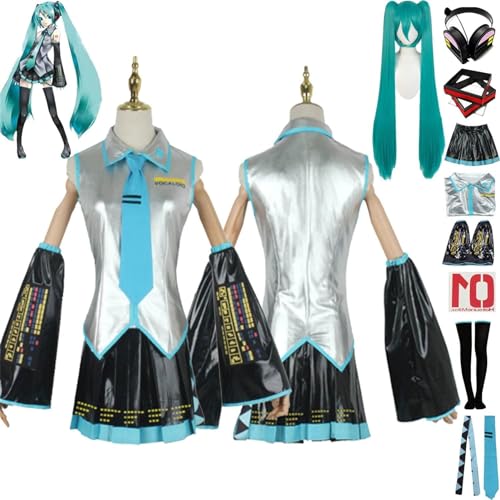 JYMTYCWG Anime H'atsune M'iku Cosplay Costume Outfit Japanese Beginner Future Uniform Full Set Women Girls Halloween Dress Up Suit with Wig/Headdress/Headphones/Stickers For Fans von JYMTYCWG