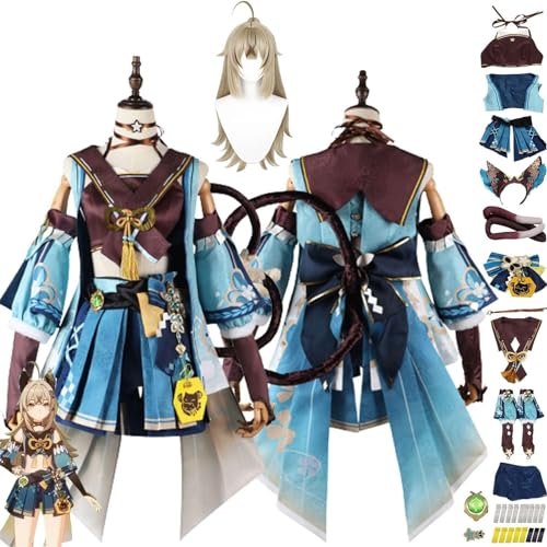 JYMTYCWG Genshin Impact Kirara Cosplay Costume Outfit Toy Figure Blue Uniform Wig Headdress Tail Complete Set Halloween Carnival Party Dress Up Suit For Fans von JYMTYCWG