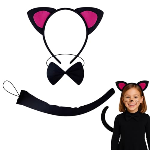 JYNVO 3-teiliges Set Schwarze Katze Kostüm Party Dekoration Zubehör,Ohren Stirnband Set,Ohren Schwanz Fliege Tier Kleid Set Kostüm Party Dekoration Zubehör von JYNVO