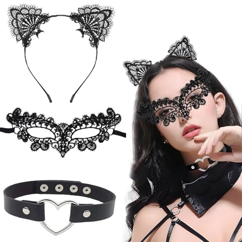 JYNVO Spitzen Maskenmaske für Frauen, Catwoman Kostüm Damen Maske, Katzenohren Stirnband mit Herz Choker für Halloween Cosplay Maskerade Karneval Kostümparty von JYNVO