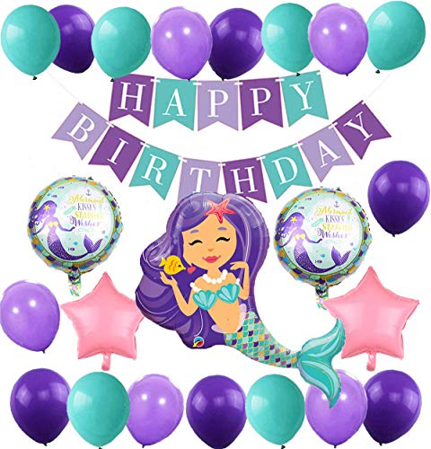 Meerjungfrau Thema Party Dekoration Geburtstag Deko Mädchen Folienballons Meerjungfrau Happy Birthday Girlande Luftballons Lila und Blau für Meerjungfrau Partyzubehör von MAKFORT