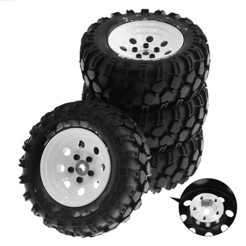 Kompatibel Mit Traxxas 1/10 RC Crawler Car 4 Stück 93 Mm Metall 1,9 Zoll Beadlock Felge Gummireifen Set 8 Löcher 12 Mm Adapter Ersatz RC Auto Reifen(White) von hjuink