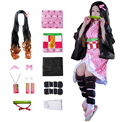 JYakeji 10 Stück Nezuko Cosplay Kostüm Kimono für Kinder Erwachsene Japanisches Anime Kostüm Halloween Kimono Outfit mit Perücke JYakeji 10 Stück Nezuko Cosplay Kostüm Kimono für Kinder Erwachsene Japanisches Anime Kostüm Halloween Kimono Outfit mit Perücke von JYakeji