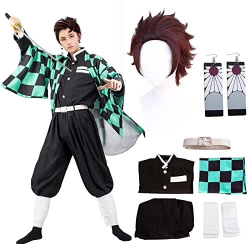JYakeji 8 Stück Tanjirou Cosplay Kostüm mit Earrings, Demon Slayer Tanjirou Cosplay Kimono Halloween Jacke Kostüm Anime Mantel Outfit für Erwachsene und Kinder (M) von JYakeji